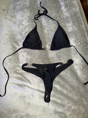 Black Triangle String Bikini with Gold Accent